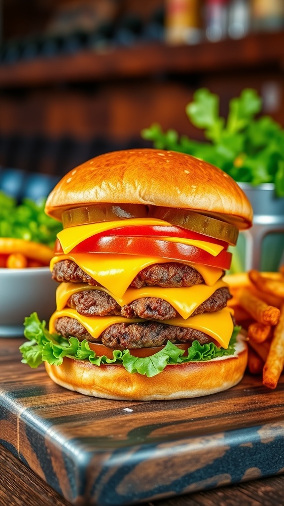 A delicious cheeseburger with beef patty, cheese, lettuce, tomato, and pickles, served with fries on a wooden table.
